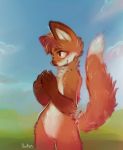  anthro canid canine fox fur hands_together male mammal orange_fur panken sky solo standing 
