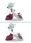  1girl 2koma ahoge animalization black_ribbon blue_neckwear book bow bowtie braid bunny comic commentary_request dress from_side fujinami_(kantai_collection) grey_legwear hair_over_eyes hair_over_shoulder hair_ribbon hamanami_(kantai_collection) highres kantai_collection long_hair long_sleeves mellmfs3 no_shoes pantyhose petting pleated_dress purple_dress ribbon school_uniform seamed_legwear shirt side-seamed_legwear silver_hair single_braid sitting white_shirt 