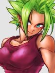  1girl blonde_hair breasts closed_mouth collarbone commentary_request dragon_ball dragon_ball_super earrings fusion grey_background hair_over_one_eye jewelry kefla_(dragon_ball) looking_at_viewer medium_breasts potara_earrings red_shirt shirt smile solo spiked_hair st62svnexilf2p9 super_saiyan tank_top toned upper_body 