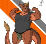  1ceberg absurd_res anthro big_bulge bulge clothing flexing hi_res looking_at_viewer male mammal muscular muscular_male pose reptile scalie shirt solo standing tank_top tom(1ceberg) underwear 