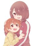  2girls brown_hair cheek_squash fang hair_over_one_eye hatafuta hoshino_hinata hoshino_miyako_(wataten) hug jacket multiple_girls orange_eyes orange_hair pajamas petting red_eyes short_hair siblings sisters track_jacket track_suit watashi_ni_tenshi_ga_maiorita! white_background 