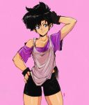  1girl 90s bike_shorts black_hair blue_eyes breasts brown_gloves cleavage collarbone colorized commentary cowboy_shot david_liu dragon_ball dragonball_z english_commentary fingerless_gloves gloves hand_in_hair hand_on_hip highres loose_clothes loose_shirt medium_breasts off_shoulder oldschool pink_background pose shirt short_hair smile solo t-shirt tank_top thighs tomboy unaligned_breasts videl 
