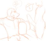  big_penis bulge canid canine clothed clothing dialogue envious erection faceless_male hi_res huge_penis humanoid_penis hyper hyper_penis jealous koogspup male male/male mammal orcuga penis presenting sitting sketch sofa standing 