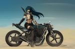  1girl alpyro armor blue_eyes blue_hair commentary cyborg desert french_commentary ground_vehicle highres long_hair midriff motor_vehicle motorcycle original science_fiction sheath sheathed short_shorts shorts sitting solo sword weapon 