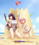  2girls aterumichino barefoot beach bikini blue_sky castle commission day doki_doki_literature_club fish flag frilled_bikini frills gun hair_ornament hairclip kneeling multiple_girls natsuki_(doki_doki_literature_club) navel one-piece_swimsuit outdoors pink_eyes pink_hair purple_eyes purple_hair red_flag sand sand_castle sand_sculpture seashell shell short_hair short_twintails sky swimsuit twintails water water_balloon water_gun wavy_mouth weapon white_swimsuit yuri_(doki_doki_literature_club) 