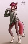  2019 animal_genitalia animal_penis anthro balls canid canine canine_penis clothing collar digital_media_(artwork) erection fur girly hair hoodie jakethegoat knot leggings legwear looking_at_viewer male mammal penis simple_background smile solo 