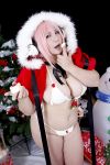  1girl asian breasts chouzuki_maryou christmas christmas_tree cosplay headphones highres large_breasts nitroplus photo pink_hair plump solo super_sonico super_sonico_(cosplay) 