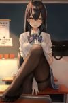  1girl :d ass azur_lane bangs black_hair black_neckwear blue_skirt blurry blush bow bowtie breasts brown_legwear classroom collared_shirt commentary_request depth_of_field desk feet gloves hair_between_eyes hair_ornament highres indoors kinokorec knee_up large_breasts long_hair looking_at_viewer miniskirt no_shoes on_desk oni_horns open_mouth pantyhose pleated_skirt school_desk school_uniform shirt short_sleeves sidelocks sitting sitting_on_desk skirt smile solo suzuya_(azur_lane) thigh_strap toes white_gloves white_shirt yellow_eyes 