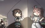  3girls bike_shorts black_shorts black_skirt breast_pocket breasts brown_eyes brown_hair cleavage commentary_request cowboy_shot dated dress drunk eyes_closed flashlight flat_chest hair_between_eyes hair_ornament hallway hamu_koutarou headband headgear highres hyuuga_(kantai_collection) kantai_collection large_breasts multiple_girls open_clothes pocket ponytail remodel_(kantai_collection) robber running saratoga_(kantai_collection) short_hair shorts side_ponytail sidelocks skirt smokestack taihou_(kantai_collection) undershirt white_dress white_headband 