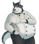  aldrichredon anthro belly big_belly black_fur canid canine canis chef chubby_cheeks clothed clothing cooking cooking_pot domestic_dog fur hi_res holding_object husky male mammal moobs obese obese_male overweight overweight_male simple_background smile solo standing white_background white_fur 