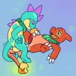  2019 3_toes 4_fingers anal anal_penetration animal_genitalia anthro anthro_on_anthro argon_vile balls blue_background blue_body charmeleon charmeleon_(tyrannosharkusrex) claws croconaw croconaw_(diadektrius) cum cum_in_ass cum_inside duo erection fan_character genital_slit green_eyes hi_res lying male nintendo nude on_back open_mouth orange_body penetration penis pok&eacute;mon pok&eacute;mon_(species) purple_eyes scalie scarf side_view simple_background slit spread_legs spreading standing toes video_games 