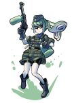  2015 5_fingers animal_humanoid boots breasts cephalopod cephalopod_humanoid clothing erica1940 female footwear german gloves green_eyes green_hair gun hair hi_res holding_object humanoid inkling long_hair looking_at_viewer marine marine_humanoid military mollusk mollusk_humanoid mp-40 nintendo pose ranged_weapon shorts simple_background smile solo splatoon standing submachine_gun tentacle_hair tentacles uniform video_games weapon wehrmacht white_background 