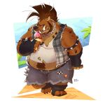  anthro belly big_belly brown_fur chain claws clothed clothing dessert eating food fur gnoll hi_res holding_food holding_object hyaenid ice_cream licking male mammal mohawk moobs obese obese_male outside overweight overweight_male riisago ring roax sand solo spotted_hyena teeth toe_claws tongue tongue_out torn_clothing vest walking 
