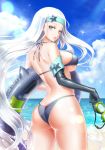  1girl ass bare_shoulders beach bikini blue_bikini blue_eyes blue_sky breasts butt_crack cloud cloudy_sky commentary_request day destiny_child diving_mask elbow_gloves from_behind gloves headband highres holding innertube kurowana lisa_(destiny_child) long_hair looking_at_viewer looking_back medium_breasts ocean official_art outdoors parted_lips shiny shiny_clothes shiny_skin single_elbow_glove single_glove sky solo sunlight swimsuit thighs very_long_hair water white_hair 