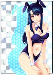  1girl bare_shoulders blue_hair bow bowtie breasts bunny_girl cleavage collarbone commentary_request cowboy_shot cuffs eyebrows_visible_through_hair highres large_breasts long_hair looking_at_viewer midriff_cutout navel original red_eyes riochan smile solo 