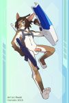  action_pose anthro brown_fur brown_hair digital_media_(artwork) feet fur grey_eyes hair holding_object holding_weapon humanoid_penis looking_at_viewer male navel nude penis portrait pose raxkiyamato smile solo unknown_species v-cut weapon 
