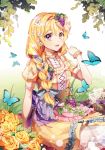  bang_dream! bangs blonde_hair braid bug butterfly eyebrows_visible_through_hair flower food food_on_head fruit_on_head gloves grass hair_flower hair_ornament insect long_hair minori_(faddy) object_on_head open_mouth purple_eyes rose shirasagi_chisato white_background 