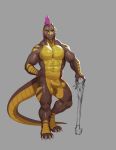  2019 abs balls biceps brown_scales claws dragon erection frill green_eyes hand_on_hip head_frill hi_res humanoid_penis kristakeshi male muscular muscular_male navel nude pecs penis pinup pose quads scales scalie simple_background smile solo spikes staff standing toe_claws triceps yellow_scales 