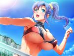  1girl ajishio bangs bare_shoulders bikini blue_eyes blue_hair blue_sky breasts cleavage cloud day erect_nipples game_cg hair_between_eyes huge_breasts long_hair looking_up midriff muscle muscular_female open_mouth outdoors ponytail shiny shiny_hair sky smile solo standing sunlight sweat swimsuit underboob volleyball volleyball_net zipper 