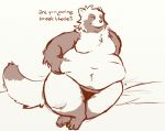  anthro belly belly_pinch big_belly canid canine clothed clothing dialogue english_text fur hand_on_stomach love_handles male mammal moobs navel obese obese_male overweight overweight_male raccoon_dog simple_background sitting smile solo tanuki tanukisan text thick_thighs topless underwear white_background 