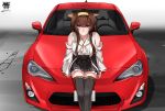  1girl absurdres ahoge artist_name bare_shoulders black_skirt boots breasts brown_hair car commentary_request detached_sleeves feet_out_of_frame from_above ground_vehicle headgear hibiki_zerocodo highres kantai_collection kongou_(kantai_collection) large_breasts long_hair looking_at_viewer motor_vehicle nontraditional_miko pleated_skirt purple_eyes remodel_(kantai_collection) sitting skirt smile solo thigh_boots thighhighs toyota toyota_86 