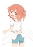  1girl angel_wings fang feathered_wings hatafuta hoshino_hinata looking_back medium_hair one_side_up orange_eyes orange_hair short_shorts shorts solo watashi_ni_tenshi_ga_maiorita! white_background white_wings wings 