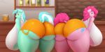  2018 absurd_res alcohol bar beer beverage big_breasts breasts butt clothed clothing cutie_mark dock duo equid equine female friendship_is_magic hair hi_res horn huge_breasts hyper hyper_breasts hyperstorm_h inside lyra_heartstrings_(mlp) mammal my_little_pony pinkie_pie_(mlp) smile thick_thighs unicorn 