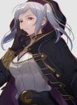  1girl belt black_gloves breasts cleavage closed_mouth female_my_unit_(fire_emblem:_kakusei) fire_emblem fire_emblem:_kakusei gimurei gloves grey_background highres hood hood_up kyufe long_sleeves my_unit_(fire_emblem:_kakusei) nintendo red_eyes robe simple_background slit_pupils solo twintails upper_body white_hair 