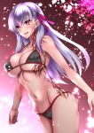  1girl bangs bikini black_bikini blush breasts collarbone cowboy_shot dark_persona dark_sakura empty_eyes fate/stay_night fate_(series) from_side groin hair_ribbon heaven&#039;s_feel highres large_breasts long_hair matou_sakura navel o-ring o-ring_bikini parted_lips purple_ribbon red_eyes ribbon silver_hair smile solo stomach swimsuit takecha veins 