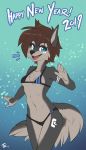  2019 anthro bikini blue_eyes brown_hair canid canine canis clothed clothing fangs female fluff-kevlar fur greeting hair holidays mammal navel new_year simple_background smile solo standing swimsuit tala_(fluff-kevlar) teeth wolf 