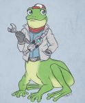 2015 3_toes 4_fingers 5_fingers amphibian amphibian_taur belt blue_background blue_eyes bottomless clothed clothing foulard frog frog_taur gloves green_skin hand_in_pocket hat jacket looking_at_viewer metalpandora nintendo simple_background sitting slippy_toad solo star_fox taur taurification text toad_(frog) toad_taur toes tools video_games webbed_feet webbed_hands wrench 