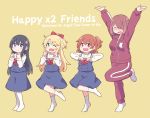  4girls :3 :d arms_up black_hair blonde_hair blue_eyes blush brown_hair commentary commentary_typo copyright_name dancing eyebrows_visible_through_hair eyes_closed flower green_eyes hair_flower hair_ornament hair_over_one_eye happy_happy_friends hatafuta himesaka_noa hoshino_hinata hoshino_miyako_(wataten) jacket long_hair medium_hair multiple_girls no_shoes one_eye_closed one_side_up open_mouth orange_hair pants ponytail red_eyes school_uniform shirosaki_hana short_hair simple_background smile standing standing_on_one_leg track_jacket track_pants track_suit watashi_ni_tenshi_ga_maiorita! white_legwear 