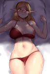  1girl absurdres blonde_hair blush bra breasts glasses greenopi groin highres large_breasts long_hair lying navel on_back original panties pillow pointy_ears puffy_nipples red_bra red_panties skindentation solo sweat underwear 