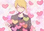  1boy blonde_hair blush brown_jacket brown_shirt character_request collarbone commentary_request copyright_request dated eyebrows_visible_through_hair eyes_closed hanamame happy_birthday heart highres jacket jewelry necklace pink_heart red_heart shirt short_hair smile solo upper_body 
