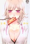  1girl bangs blush breasts cleavage collarbone commentary_request controller danganronpa eyebrows_visible_through_hair flipped_hair game_controller hair_ornament light_brown_hair looking_at_viewer mouth_hold nanami_chiaki open_clothes open_shirt pink_eyes ribbon shimoneta shirt short_hair simple_background super_danganronpa_2 translation_request upper_body white_background white_shirt 