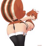  1girl animal_ears antenna_hair ass bare_shoulders blazblue blush breasts brown_hair come_hither curvy fingerless_gloves from_behind gloves kuroonehalf large_breasts leaning leaning_forward looking_at_viewer looking_back makoto_nanaya miniskirt naughty_face panties pantyshot red_eyes shiny shiny_hair shiny_skin short_hair skirt smile solo squirrel_ears squirrel_tail tail thighhighs underboob underwear upskirt 