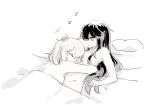  2girls ahoge black_hair breasts eyes_closed fate/grand_order fate_(series) highres long_hair monochrome multiple_girls nejikyuu nude oda_nobunaga_(fate) okita_souji_(fate) okita_souji_(fate)_(all) red_eyes short_hair sketch small_breasts spot_color under_covers yuri 