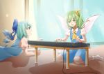  2girls blue_dress blue_eyes blue_hair bow cirno commentary_request cravat curtains daiyousei dress fairy_wings glass_door green_eyes green_hair hair_bow hair_ribbon indoors instrument keyboard_(instrument) light_particles looking_at_another looking_down lying multiple_girls music on_floor on_stomach open_door open_mouth pinafore_dress pita_(pitaani-223) playing_instrument power_cord profile puffy_short_sleeves puffy_sleeves red_neckwear ribbon shadow shirt short_hair short_sleeves side_ponytail sitting sliding_doors socks table touhou wariza white_legwear white_shirt wind wings yellow_neckwear 