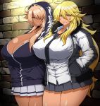  2girls ahoge blonde_hair breasts brown_eyes brown_hair cleavage curvy ganguro grey_eyes grin gyaru highres huge_breasts kurokagami_ryuuko long_hair looking_at_viewer muchigaku multiple_girls otogi_tetsurou smile standing 