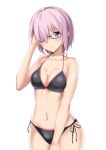  1girl bikini black-framed_eyewear black_bikini breasts cleavage collarbone commentary_request cowboy_shot disconnected_mouth fate/grand_order fate_(series) glasses hair_over_one_eye looking_at_viewer mash_kyrielight medium_breasts navel purple_eyes purple_hair ryuunonon short_hair side-tie_bikini simple_background solo swimsuit white_background 