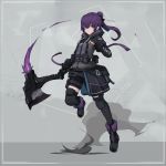  1girl axe fingerless_gloves full_body gloves highres holding holding_weapon hood hoodie jiang1274 original ponytail purple_eyes purple_hair short_shorts shorts solo weapon 
