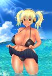  1girl absurdres blonde_hair blush breasts cleavage curvy erect_nipples headphones highres huge_breasts large_breasts looking_at_viewer navel nitroplus open_mouth orange_eyes plump smile solo standing super_pochaco twintails wet 