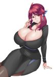  1girl bluespice breasts cleavage creatures_(company) formal game_freak glasses highres huge_breasts kanna_(pokemon) large_breast leggings miniskirt nail_polish nintendo pencil_skirt pokemon pokemon_(game) pokemon_lgpe ponytail red_eyes red_hair skirt skirt_suit stockings suit 