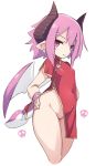  1girl alternate_costume bat_wings breasts china_dress chinese_clothes covered_navel cropped_legs demon_girl disgaea dress earrings fang horns jewelry karukan_(monjya) looking_at_viewer makai_senki_disgaea_3 no_panties pink_eyes pink_hair pointy_ears raspberyl short_hair simple_background skull_earrings small_breasts smile solo tail white_background wings 