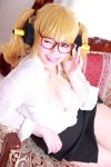  1girl asian blonde_hair breasts cosplay glasses headphones highres jewelry necklace nitroplus photo plump solo super_pochaco super_pochaco_(cosplay) 