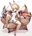  1girl animal_ears black_panties breasts brown_legwear dated detached_sleeves disgaea erect_nipples eyebrows facial_mark fox_ears highres karukan_(monjya) light_brown_hair multiple_tails navel nine-tailed_fox_(disgaea) panties pink_eyes red_eyes revealing_clothes sitting slit_pupils small_breasts solo tail thighhighs underwear 