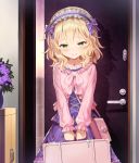  1girl bag bangs blonde_hair blush bow closed_mouth collarbone commentary_request door eyebrows_visible_through_hair floral_print flower frilled_hairband frilled_sleeves frills green_eyes hair_bow hairband handbag holding holding_suitcase idolmaster idolmaster_cinderella_girls indoors jewelry key lolita_hairband long_sleeves looking_at_viewer matanonki necklace pink_handbag plant potted_plant purple_bow purple_flower purple_skirt sakurai_momoka short_hair skirt smile solo standing suitcase white_hairband 