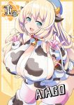  1girl animal_ears animal_print atago_(kantai_collection) bell bell_collar blonde_hair blue_eyes breasts cleavage collar cow_bell cow_ears cow_horns cow_print cow_tail heart heart-shaped_pupils horns huge_breasts kantai_collection roah solo symbol-shaped_pupils tail thighhighs 