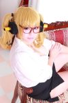  1girl asian blonde_hair breasts cosplay glasses headphones highres jewelry necklace nitroplus photo plump solo super_pochaco super_pochaco_(cosplay) 