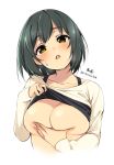  1girl :o bangs black_bra blush bra bra_lift breasts breasts_outside cleavage collarbone commentary_request eyebrows_visible_through_hair grey_hair head_tilt highres kirikirimai_(kkm) lifted_by_self long_sleeves looking_at_viewer medium_breasts mole mole_under_mouth no_nipples open_mouth original shirt shirt_lift short_hair signature simple_background solo sweat tareme twitter_username underwear upper_body upper_teeth white_background white_shirt yellow_eyes 